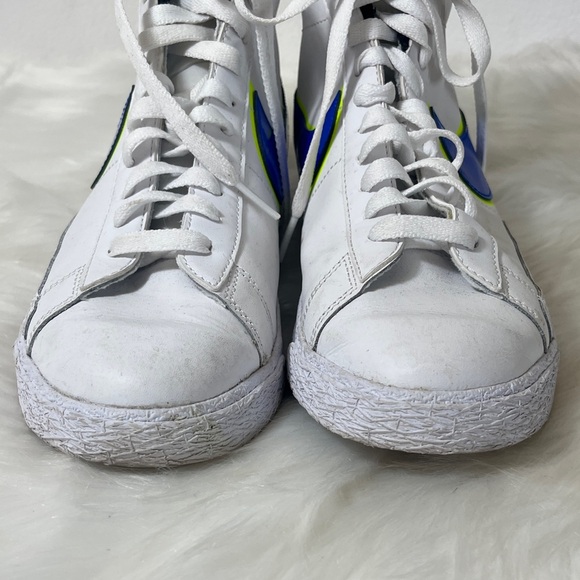 Nike White High Top Basketball Sneakers with Blue and Yellow Accents - Picture 3 of 9